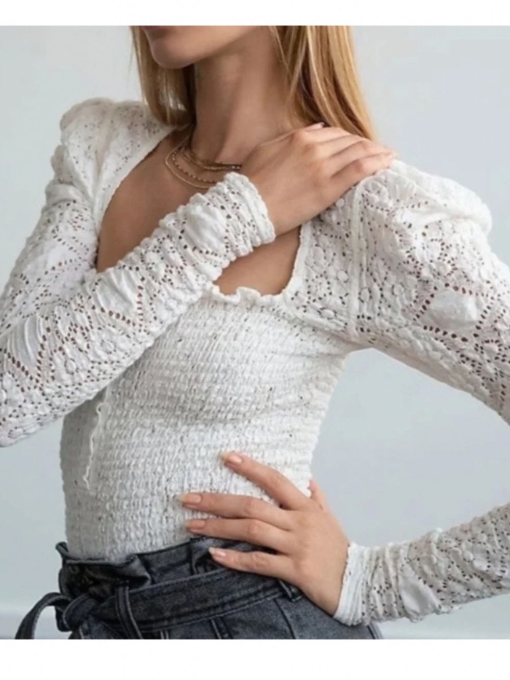 NWT Free People Confection white lace smocked long sleeves cropped Top XS